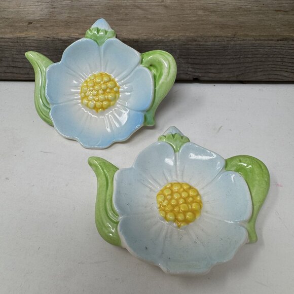 Vintage Ceramic Floral Tea Bag Holders Set Of 2 Hand Painted Green & Blue Flower - Picture 3 of 5